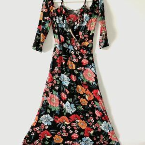 Bespika Women's Multicolor Floral Print Cold Shoulder Surplice Neck Wrap Dress M